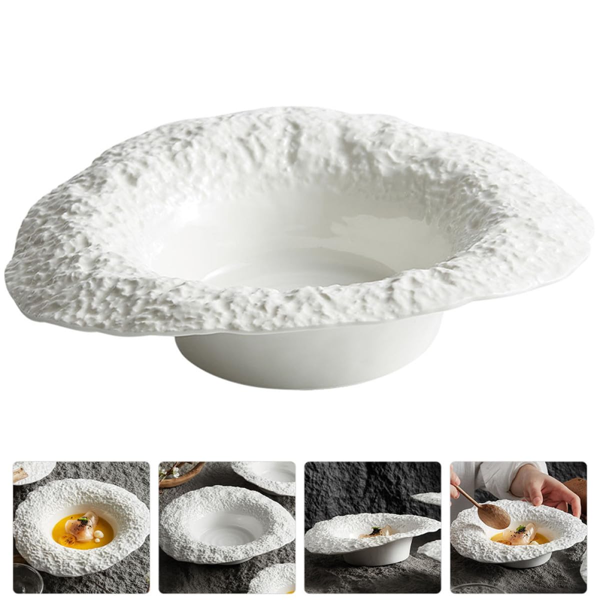 Veemoon Assiette Creuse en Céramique 10 Pouces Motif Pierre Bol Chapeau de Paille Plat de Service Profond pour Pâtes et Salades Assiette à Dessert Polyvalente Cuisine et Buffet
