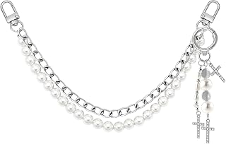 Pearl Purse Chain 12.5" Faux Pearl Silver Short Bag Handle Shoulder Strap Extender Replacement with Rhinestone Cross Keychain Bag Charms Chain for Purse Handbags Decor Religious Gifts for Women