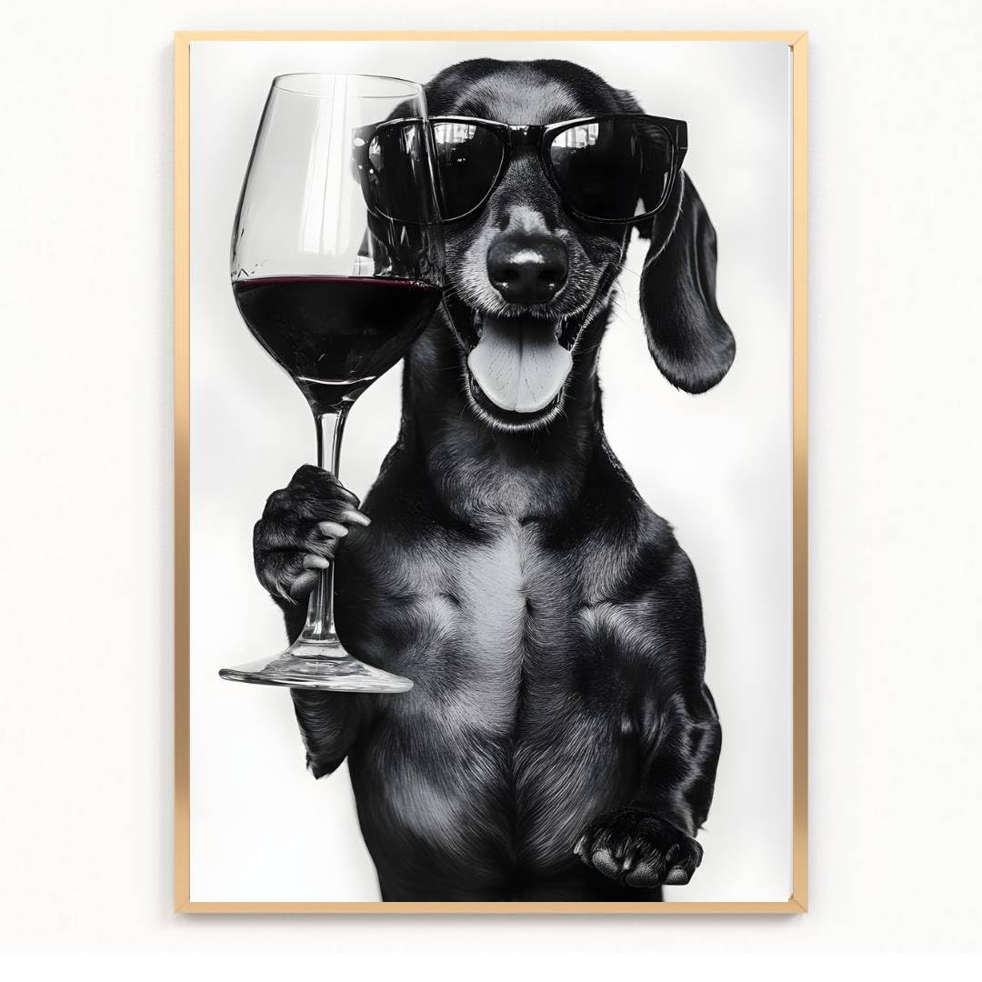 Gfc Black White Funny Sausage Dachshund Dog Drinking Wine Print Picture Poster A4 Unframed Kitchen Wall Art Home Decor Decorating Gift