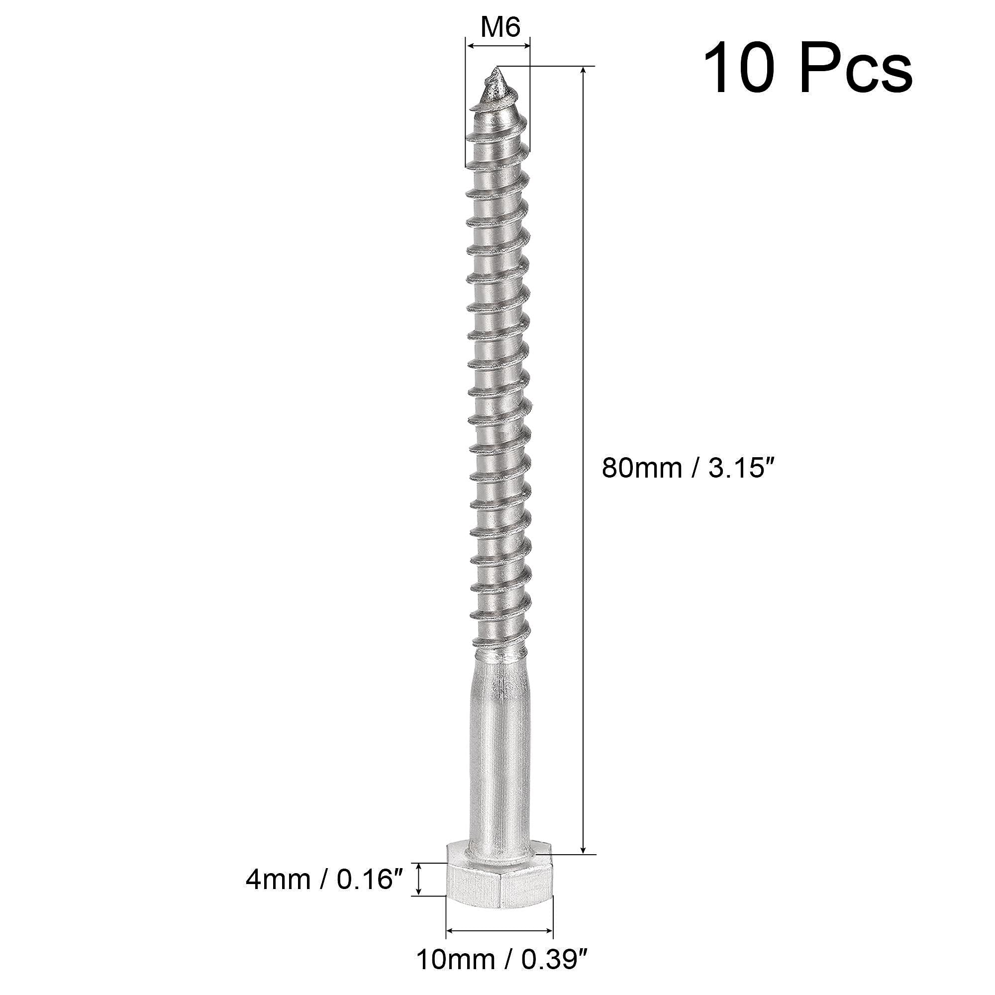 Unifizz 10 Pcs Hex Lag Screws, M6 x 80mm 304 Stainless Steel Wood Bolts - Image 2