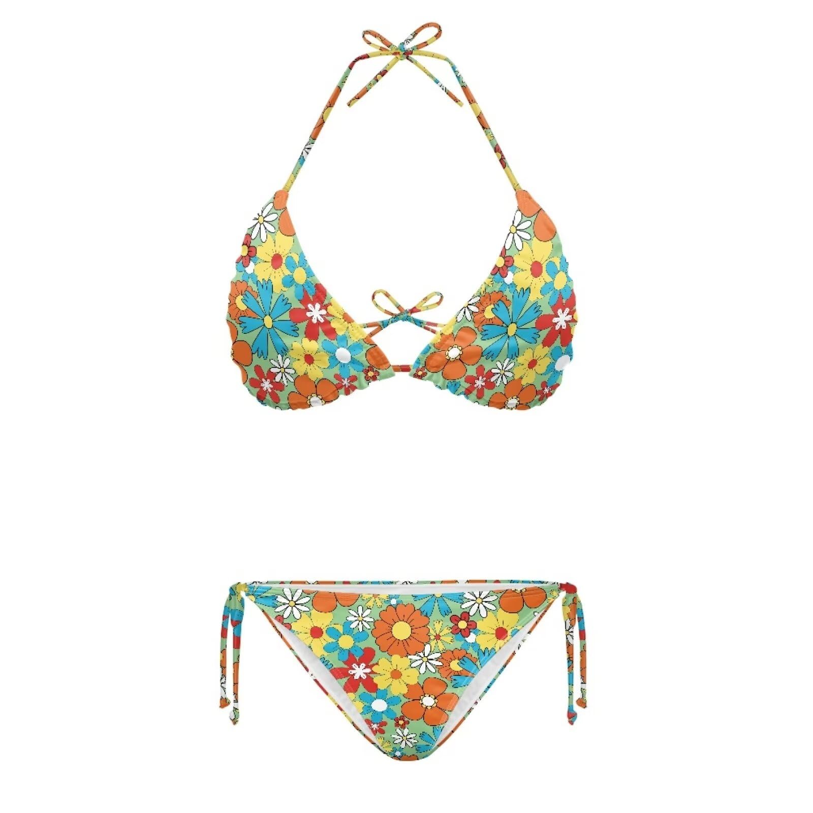 Yewattles Colorful Hippie Flower Triangle Bikini Sets Women Halter String Bikini Set Sexy Two Piece Swimsuits Transparent Straps Bathing Swimwear for SPA Honeymoon Swimming Pool Beach Party
