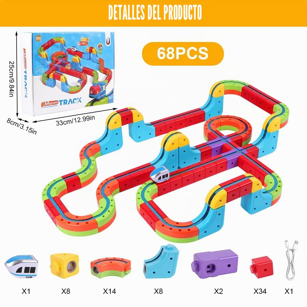 68 Piezas Tren Eléctrico, Trens Magnetico Juguete Incluye Tren Eléctrico Antigravedad, Señales de Tráfico Y un Diseño de Pista Incrustado en 3D, Regalos