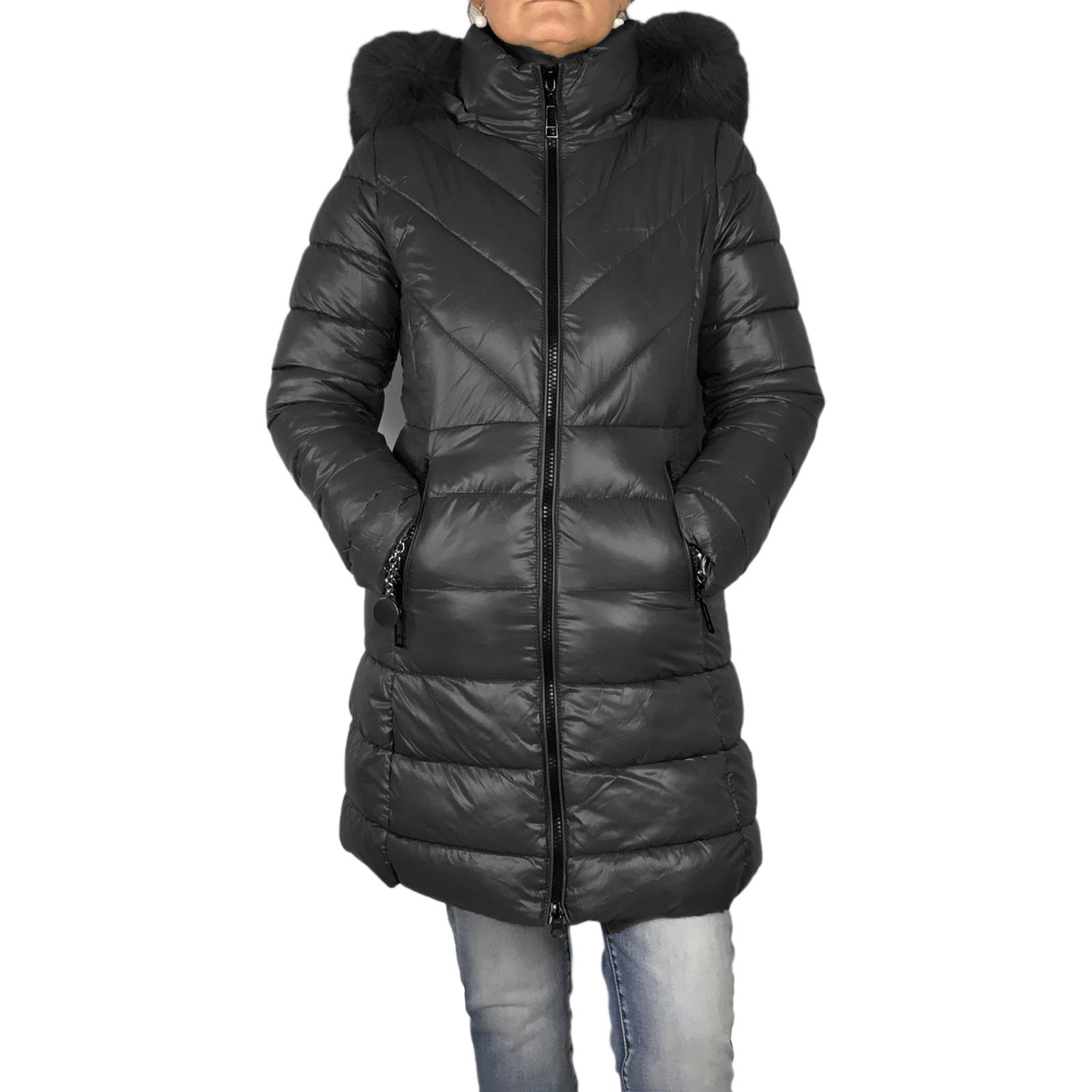 Piumino Donna Invernale Lungo Imbottito con Cappuccio in Pelliccia Giubbotto Invernale Elegante Casual