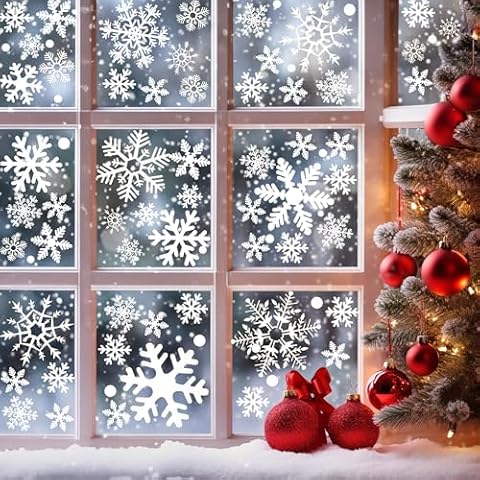 Christmas Snowflake Window Clings for Glass, Double-Sides White Snowflakes Stickers for Xmas, PVC Window Static Ornaments Decals Indoor for Winter Holiday Wonderland Home Party Cover