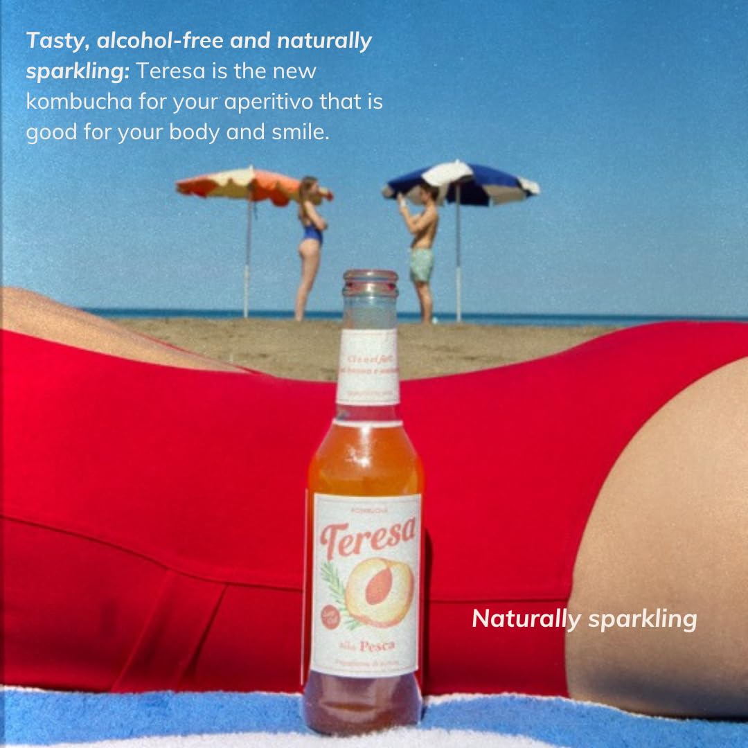 Teresa alla Pesca | Thè kombucha analcolico, naturale con postbiotici. Bevanda low calorie, low sugar e vegana. Confezione 8 bottiglie x 275ml.