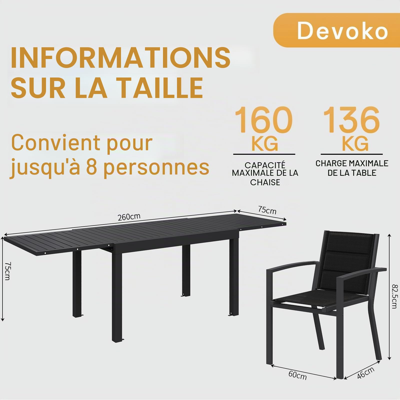 Devoko Salon de Jardin Exterieur 8 Personnes, 8+1 Mobilier de Jardin Aluminium, 8 Chaise Empilable Aluminium et 1 130CM-260CM Table de Jardin Extensible, Gris Foncé