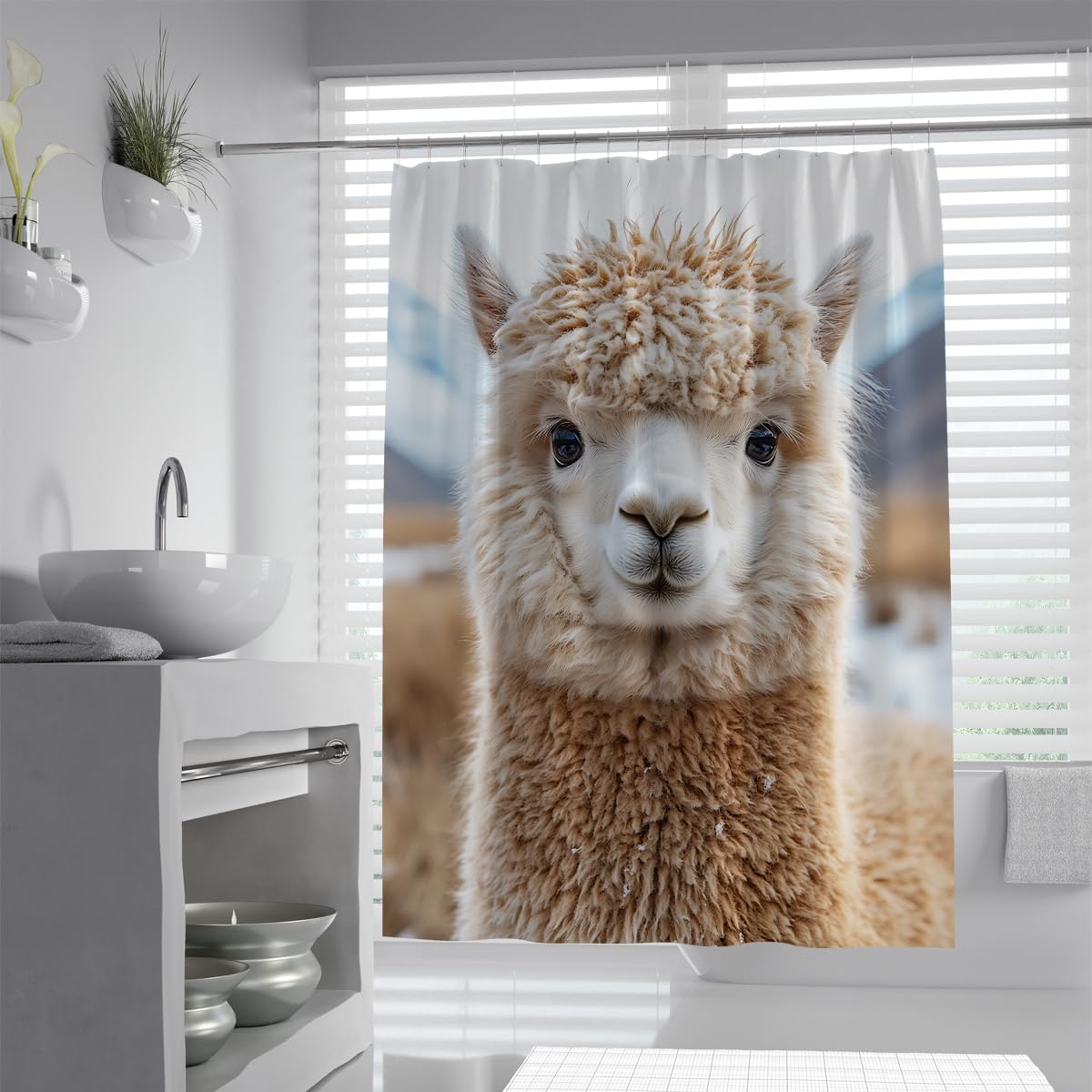 UIRINGART Cute Alpaca Shower Stall Liners W200xL220cm Waterproof Mildew Resistant Fluffy Llama Head Animal Portrait Fabric Bath Curtains Rustproof Grommets Tub Screen