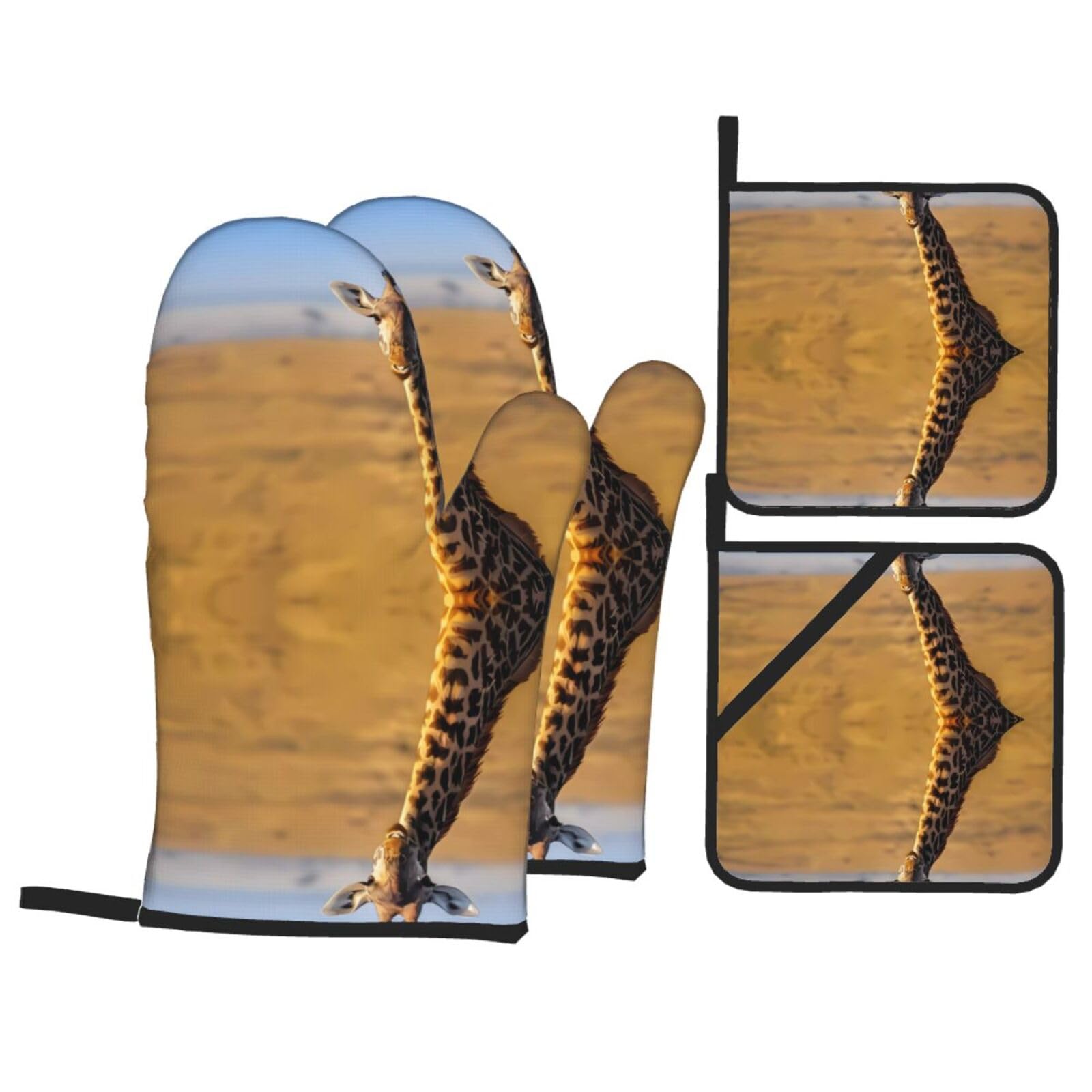WHJSHOP Giraffe Animal Pattern Prints Oven Mitts & Pot Holders Set - Waterproof Kitchen Layers & Heat Resistant - Durable Covers for Safe Cooking & Easy Cleanup