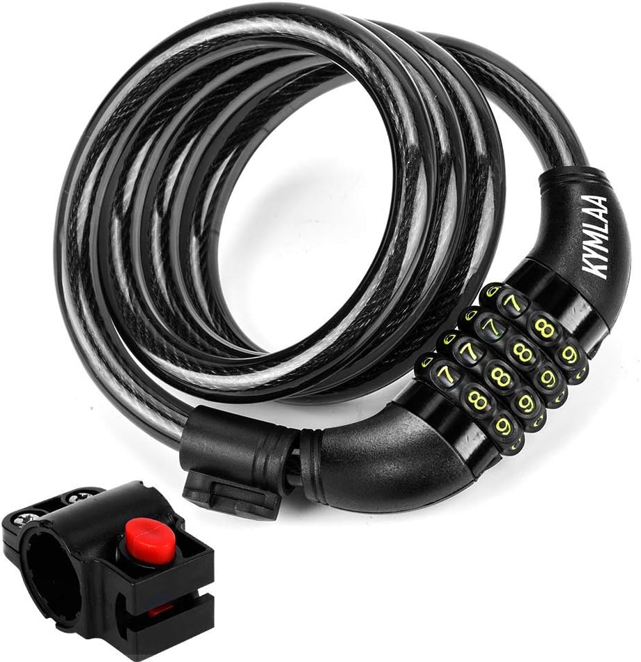 Bike Lock Cable, Heavy Duty Resettable Combination Steel Keyless Bicycle Lock with Basic Self Coiling Design and Complimentary Mounting Bracket, Kymlaa Bike Cable Lock, 4 Feet x 1/2 Inch