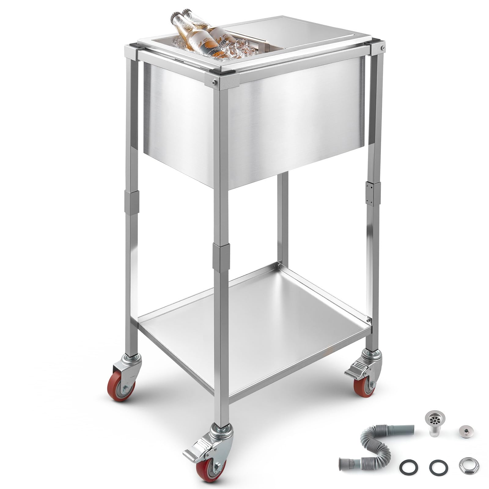 VEVOR Carrello Frigo con Ruote, 510 x 360 x 970 mm, Contenitore per Ghiaccio in Acciaio Inox su Ruote, Carrello Frigo da Esterno da 28 Litri con Ripiano, per Patio, Cortile, Bar per Feste