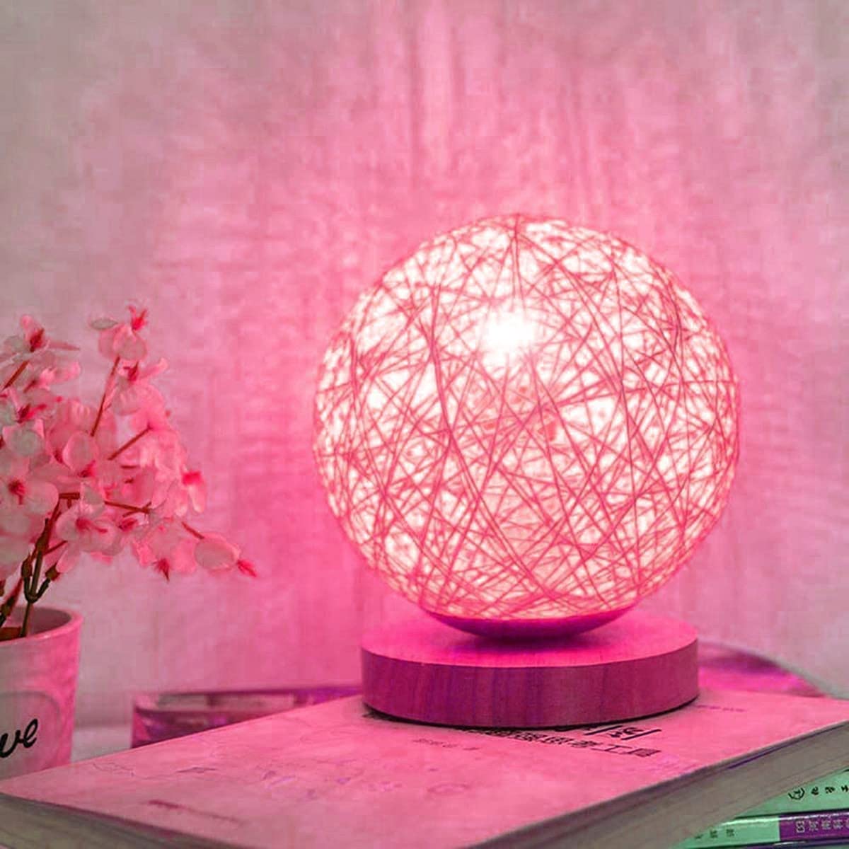AALIN LED Table Light, Wooden Night Light Bedside Lamp Rattan Ball Desk Lamp USB Powered Reading Lamp Children Room Decoration Lamp Office Desk Lamp (Round Frame, Pink)