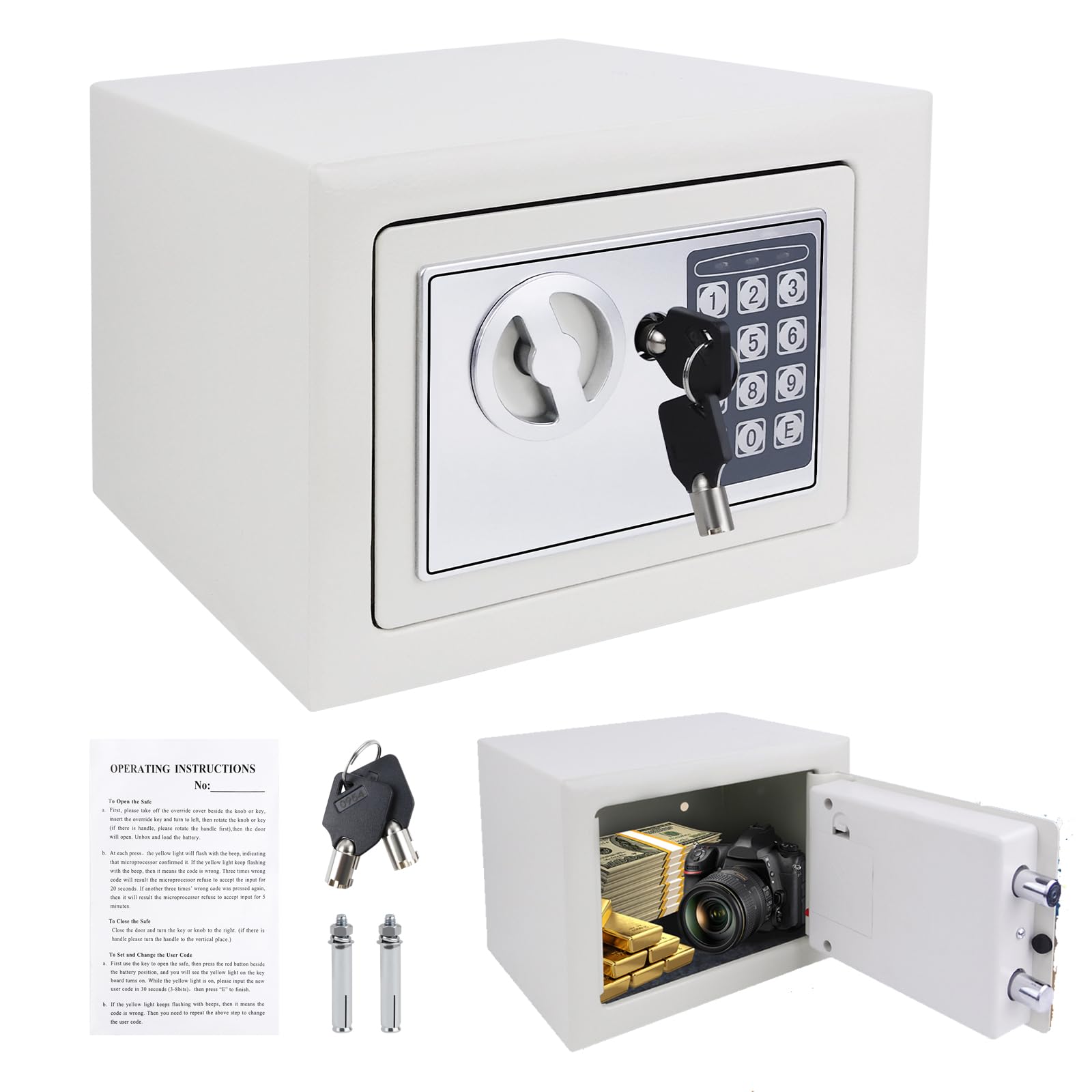Home Safe 4.6L Electronic Safe Cash Box Small Safe Digital Safe Money Safe Box Steel Security Box, Key Safe Wall Mounted For Office Home Hotel Use, Steel Locking Bolts, 17Dx23Wx17H cm (White)