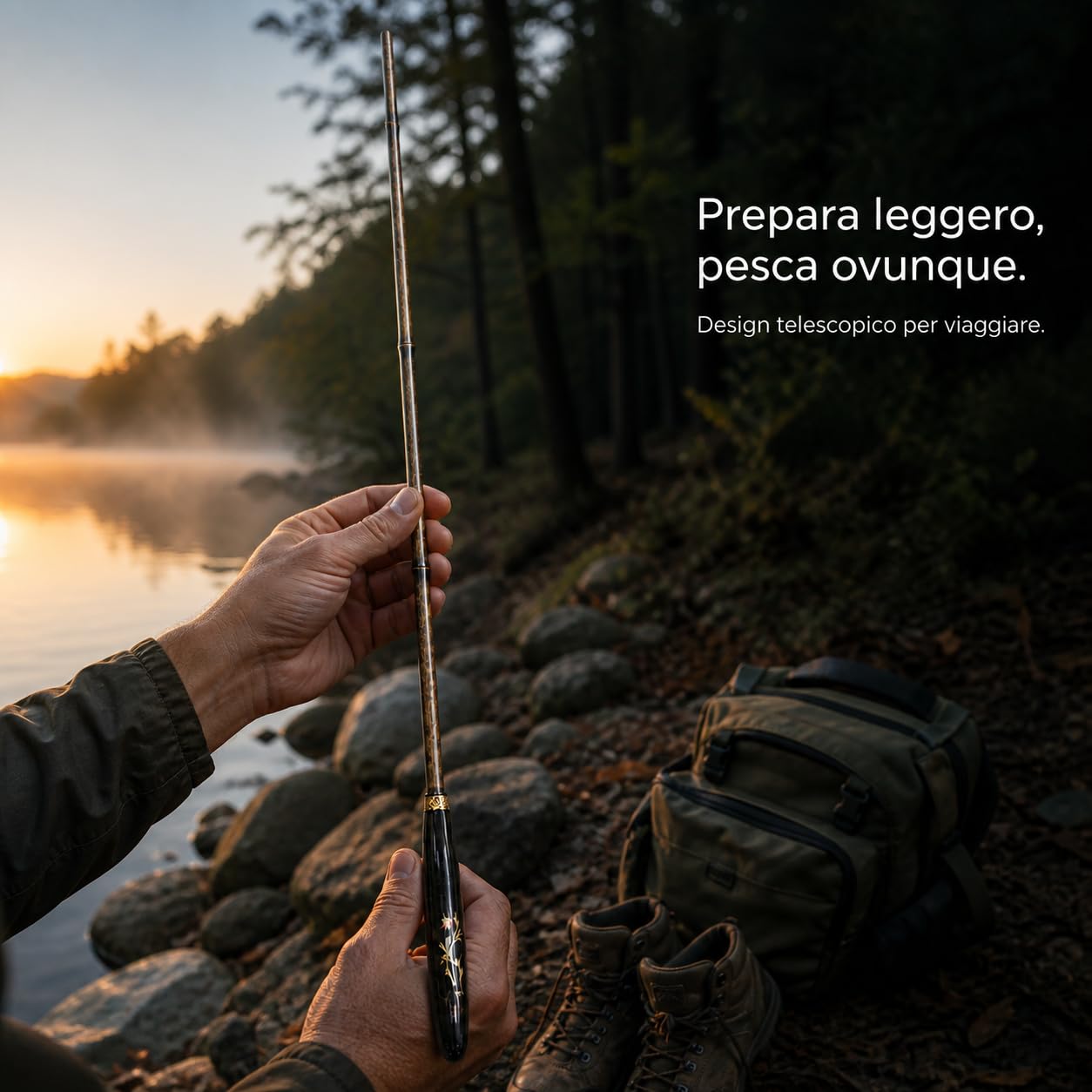 Canna da Pesca Telescopica Composita | fibra di carbonio e legno bacino - design telescopico - per stagno - per esterno