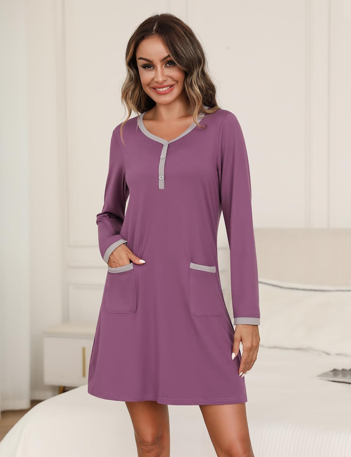Marvmys Women's 2 Pack Nightgown Long Sleeve Henley Sleepshirt Soft Short Pajama Dress with Pockets - Image 4