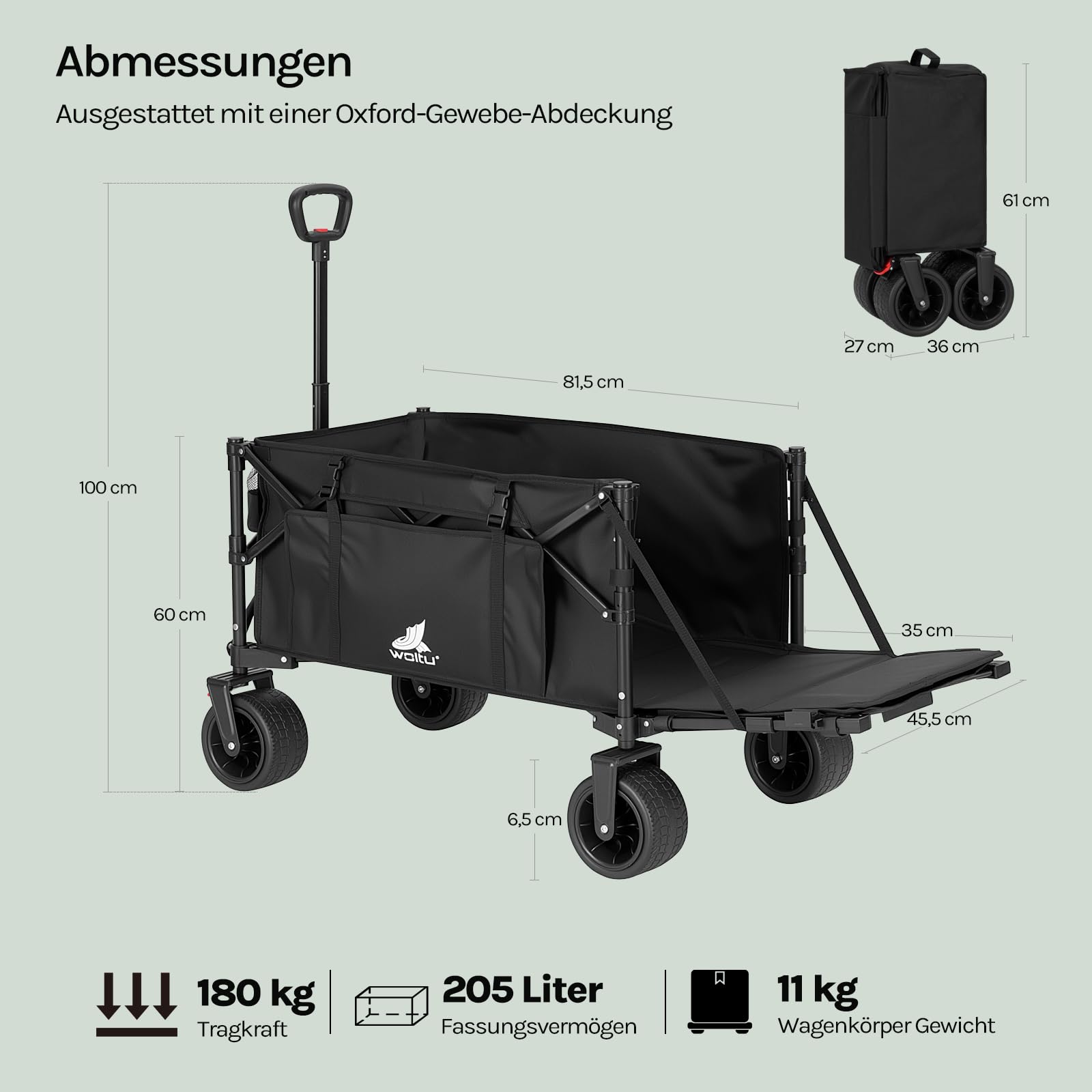 WOLTU Bollerwagen faltbar, Campingwagen 205 L, Tragkraft 180 kg, mit 4 großen Rädern & Seitentasche & 2 Innentaschen & 2 Getränkehaltern, für Camping Strand Garten, Schwarz