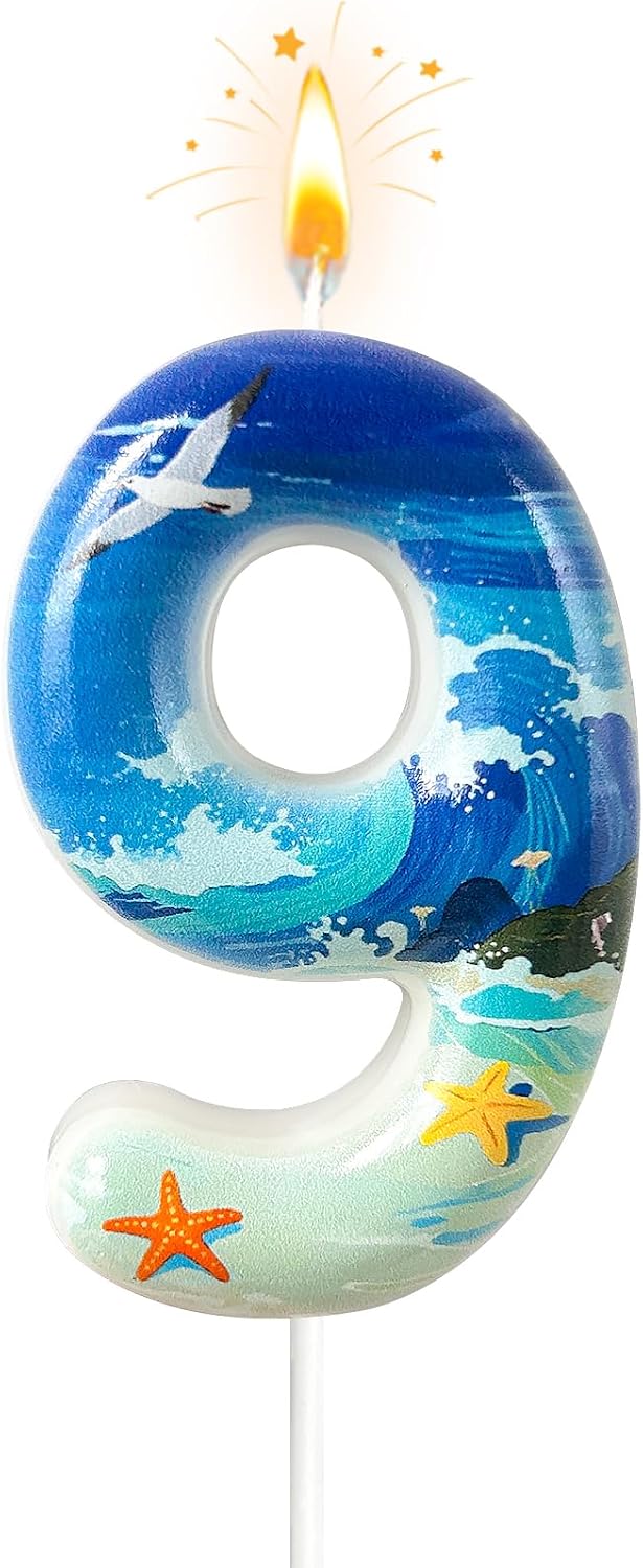 Blue Ocean Number 9 Birthday Candles - Surfing Themed Cake Topper for Birthday Decorations Supplies, 9 Candle Party Favors (Number 9)