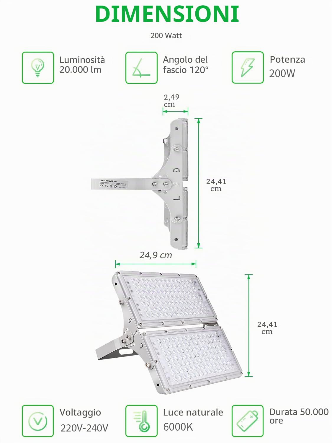 Viugreum Faretto LED da Esterno 200W, IP66 Resistente all'acqua, Luce di Sicurezza 20000LM, 6500K Bianco Freddo, Super Luminoso per Giardino