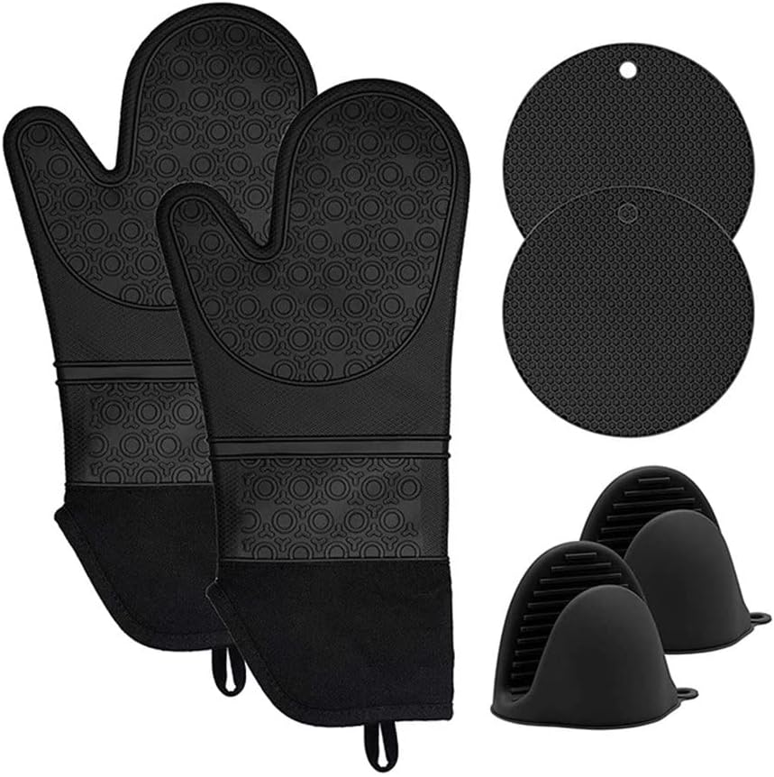 Oven Gloves, Heat Resistant Silicone Oven Gloves Set with Mini Oven Gloves and Warm Pad Pot Holders for Kitchen Baking Cooking, 6-Pack (Black)