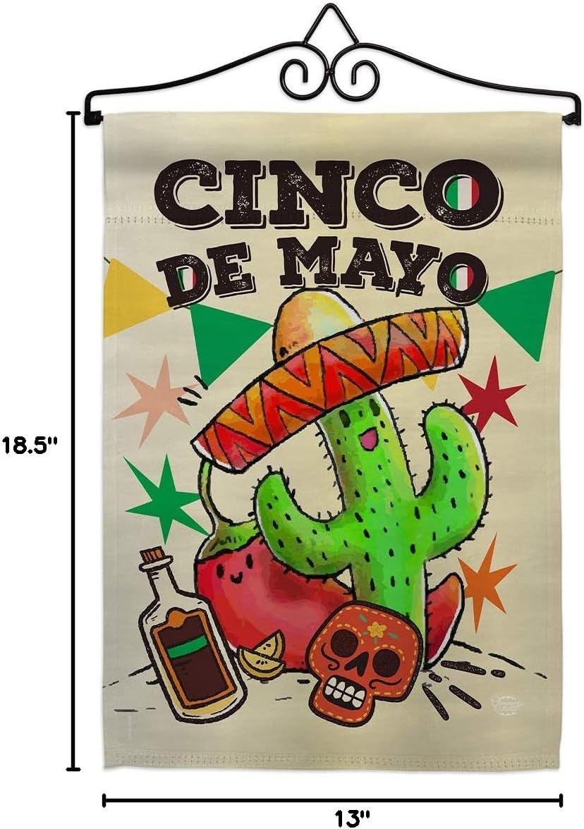 El Cinco de Mayo Garden Flag Set Wall Hanger Summertime Party Cactus Pinata Sombrero Mexican Fiesta Outdoor Small Decorative Gift Yard House Banner Made In USA 13 X 18.5