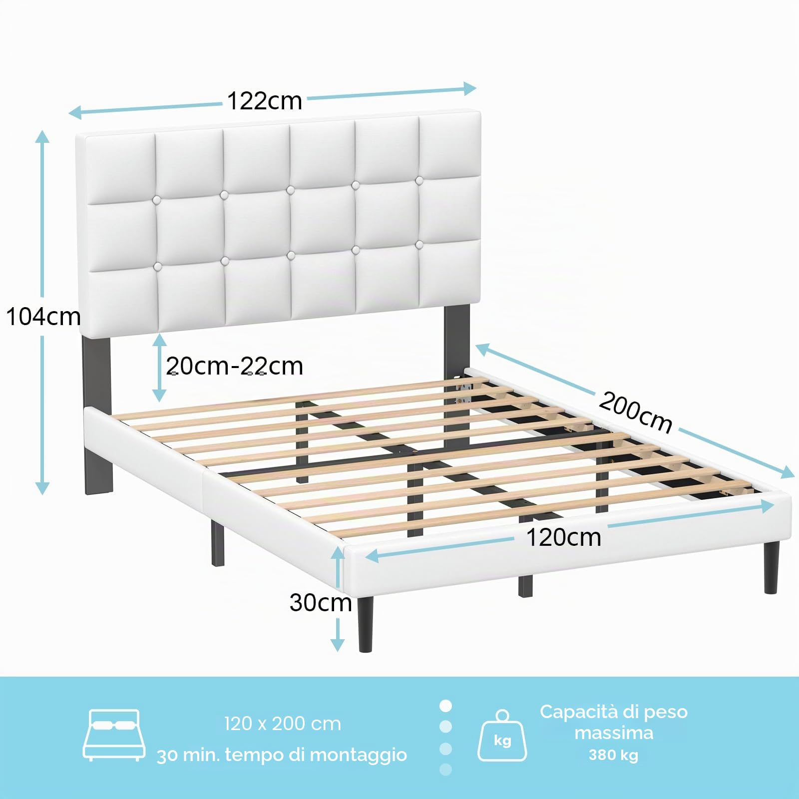 Yocreat Letto imbottito 120 x 200 cm, letto matrimoniale, telaio con testiera e rete a doghe, telaio del letto altezza 30 cm, bianco