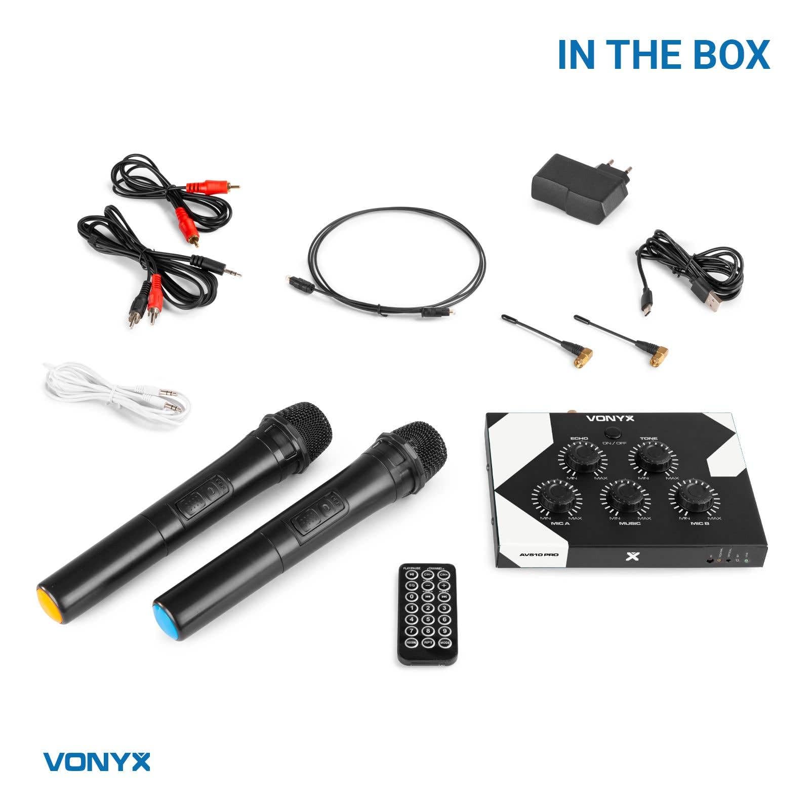 Vonyx AV510 PRO Karaoke Mikrofon Set mit 2X drahtlosen UHF Mikrofonen und Karaoke Mixer, KTV Set, Bluetooth Handmikrofon, Dynamisches Funkmikrofon System, für Zuhause, DJ, Kneipe - Schwarz