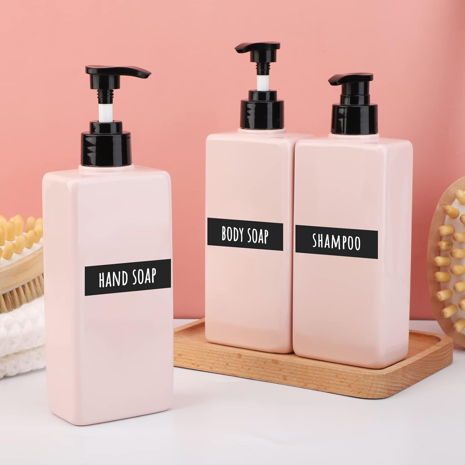 Segbeauty Soap Dispenser Bottle, 3pcs 13.5oz Refillable Pump Shower Bottle with Labels, 400ml Empty Plastic Press Lotion Dispenser Containers for Bathroom Hotel Shampoo Conditioner Body Soap Pink - Image 7