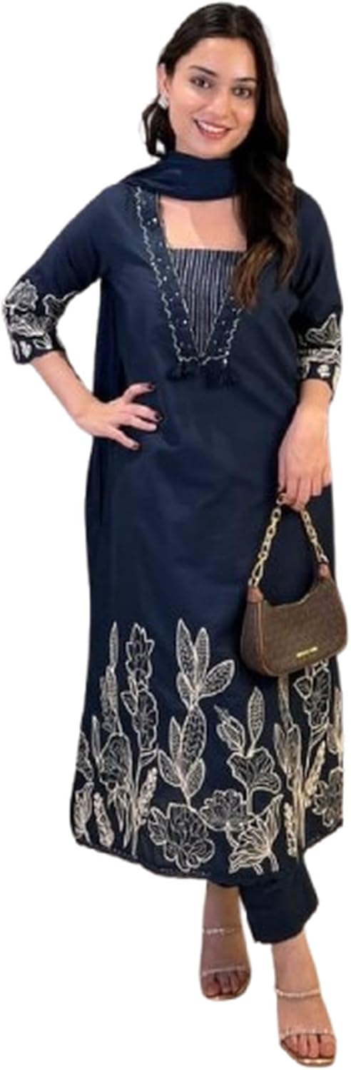 Women's Printed and Embroidered Pure Cotton Hand and Thread Work Kurta Set with Dupatta, Indian Wear, Ethnic Wear