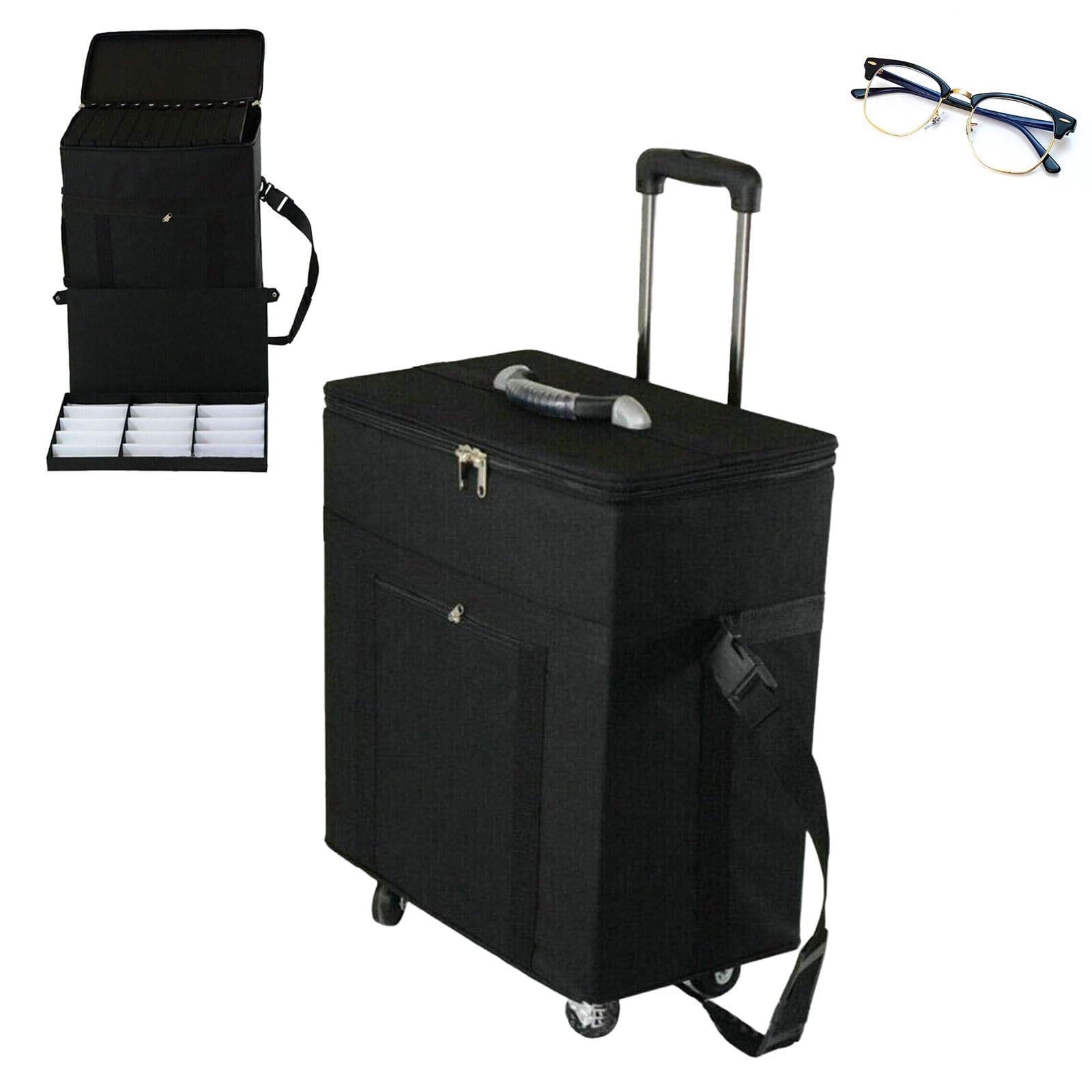 COYEUX Valise de Rangement pour Lunettes de Voyage, étui à Lunettes de Soleil Portable, avec 180 emplacements et roulettes, Tissu Oxford, Porte-Lunettes pour Plusieurs Paires