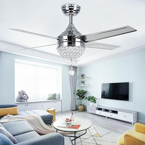 Morpholife Ventilador de techo de cristal con control remoto de luz, moderno ventilador de araña LED, pequeño ventilador de techo brillante con