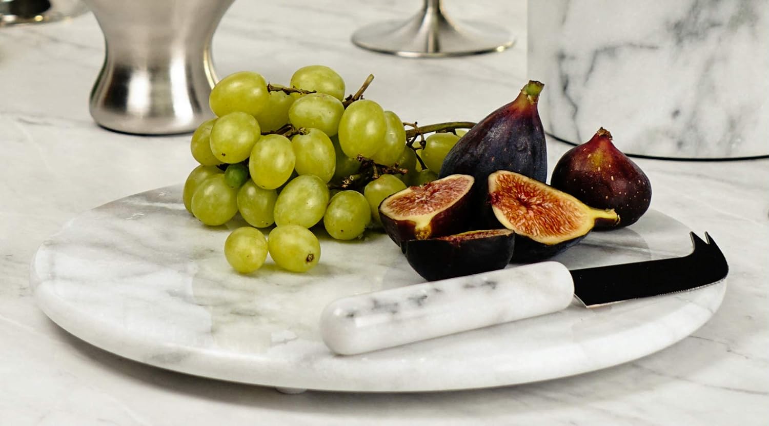 RSVP International Cheese Board & Knife, 10 Inch, White Marble