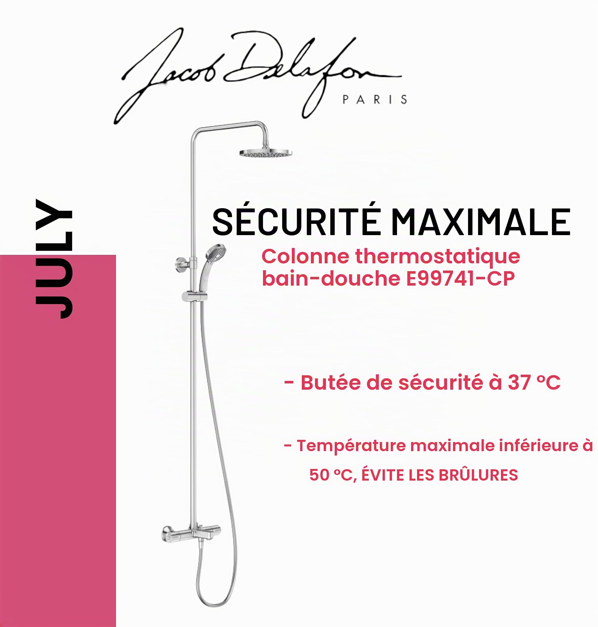 JACOB DELAFON Colonne douche et bain thermostatique ronde Hauteur réglable Douche tête 200 mm Douche à main JULY E99741-CP