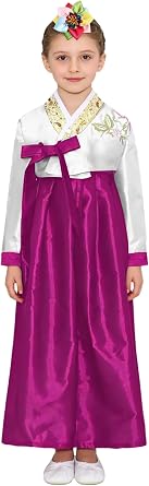 Kids Girls Korean National Hanbok Outfit Exquisite Embroidery Long Sleeve Top Tie Up Style Set