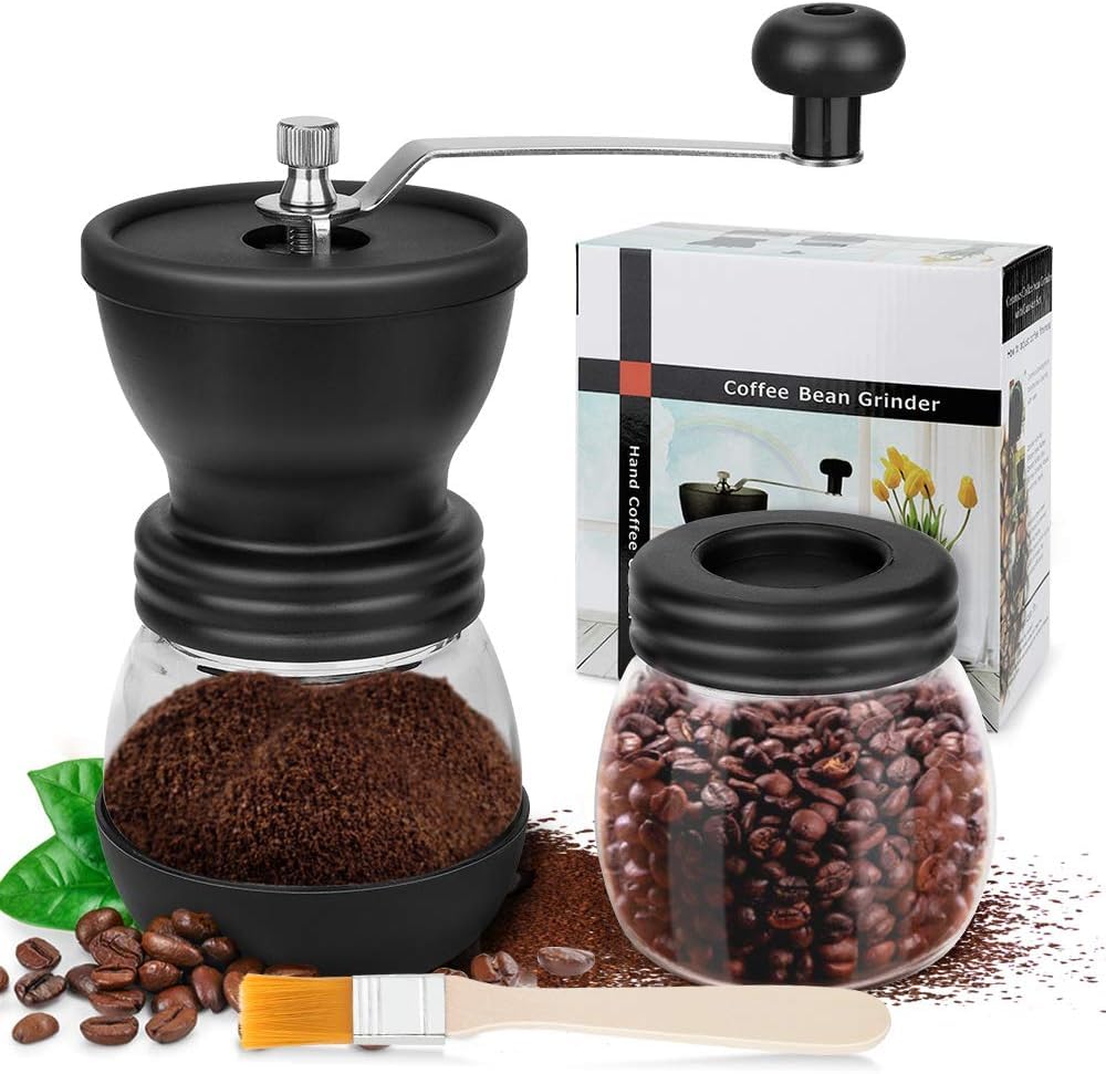Broyeur Cafe grain - Moulin à café manuel, Acier Inoxydable et Verre, Meules En Céramique Réglables, Facile À Nettoyer, Idéal Pour Café, Espresso, French Press et Café Filtré