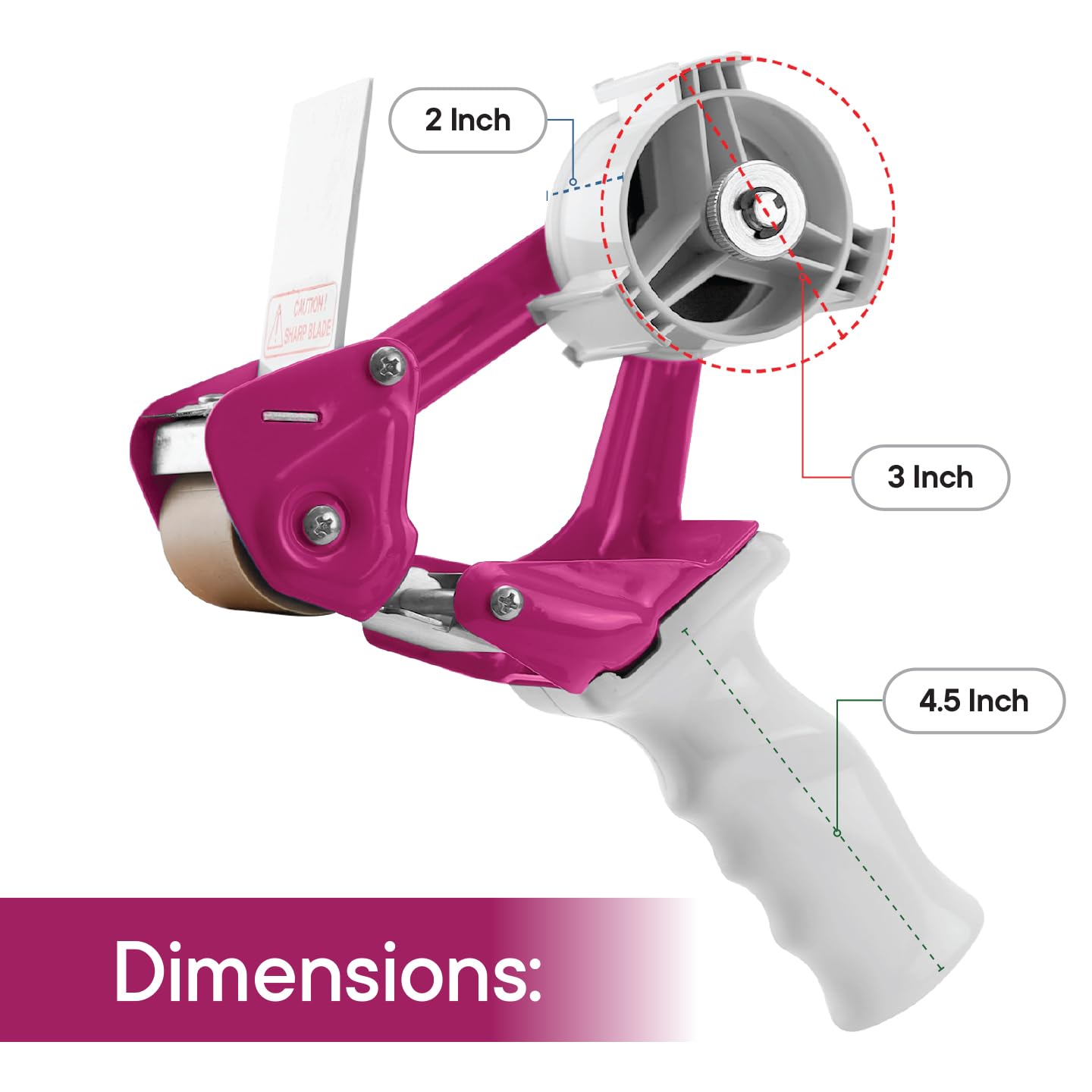 TAPEWELL Dispensador de cinta de embalaje morada con marco de metal resistente, núcleo de 3 pulgadas con mango ergonómico especial, pistola de cinta para cajas de embalaje con hoja de acero templado