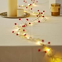 Vista 4 de Guirnalda de luces esmeriladas de nieve y bayas rojas de 6.5 pies y 25 luces LED, delicada guirnalda de Navidad con luces, funciona