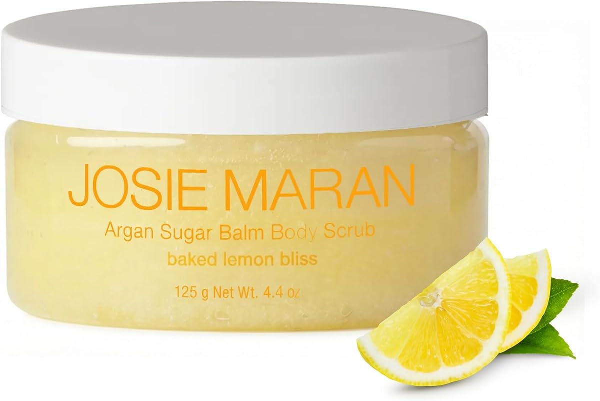 Exfoliante corporal con bálsamo de azúcar de argán - Exfoliante de azúcar con aceite de argán y aceite de coco 100% puro - Suaviza, suaviza e hidrata la piel seca - Vegano + libre de crueldad - Felicidad de limón al horno (4.4 oz)