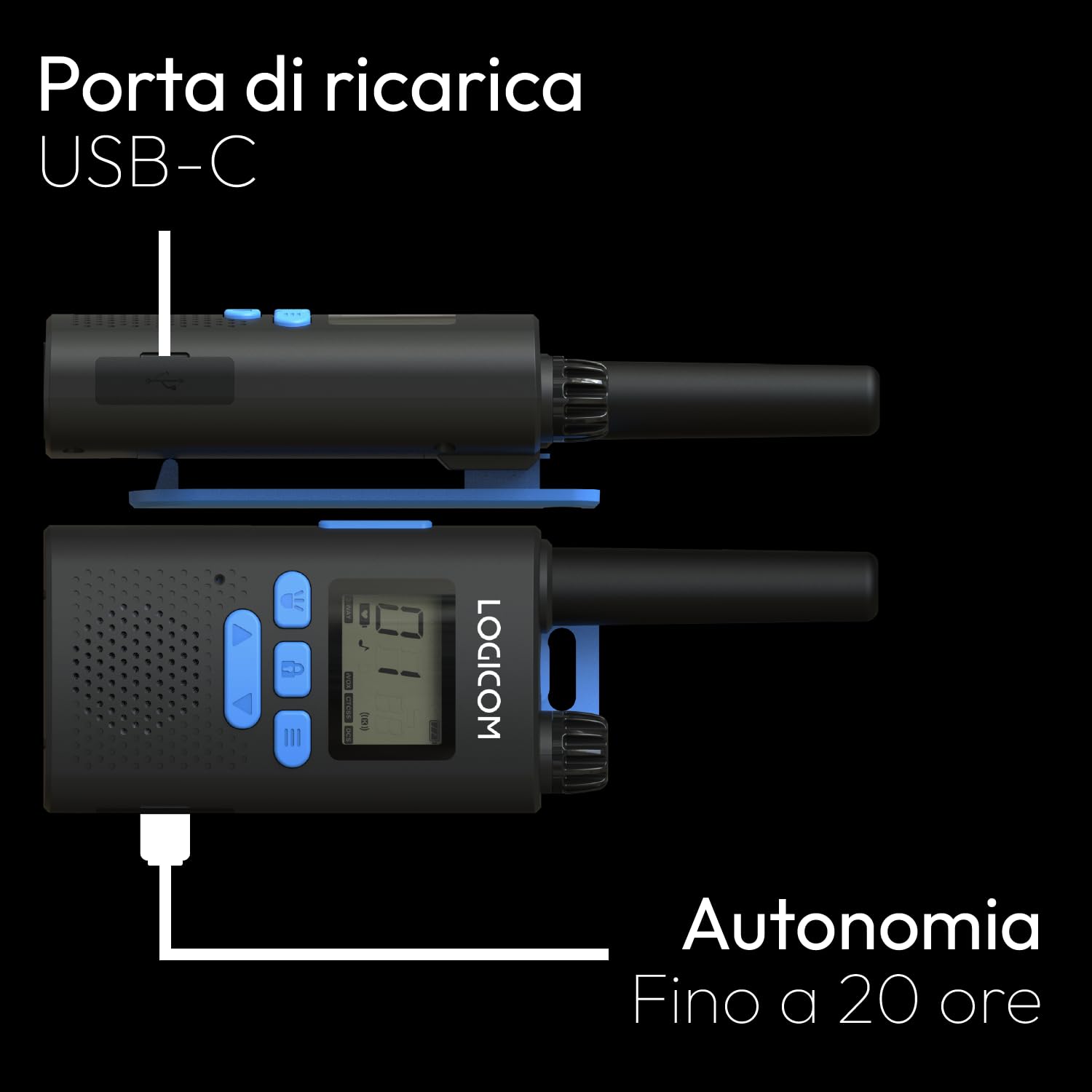 Logicom - Essential - Talkie-Walkie - PMR446 - sans Licence - Portée 10 km - autonomie 20h - écran LCD - USB-C - Lampe Torche - VOX Mains Libres -16 canaux - Batterie 1000 mAh - Pack 2 radios