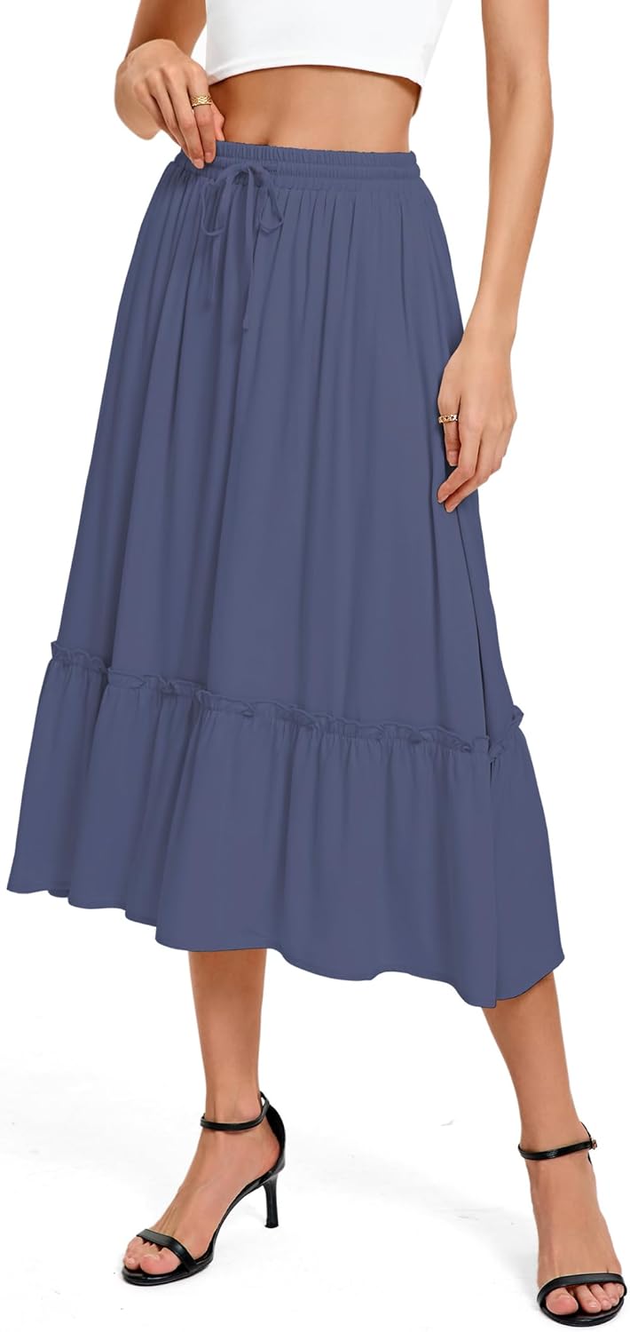 Urban CoCo Women's Elastic Waist Flowy A-Line Midi Long Skirt Below Knee with Pockets