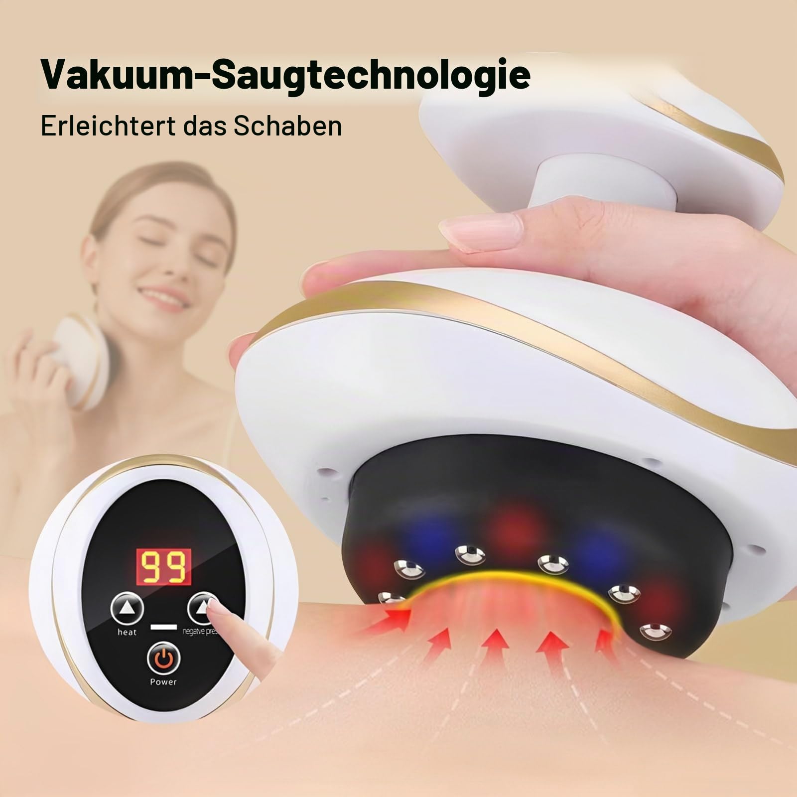 Vakuum Massage 4-in-1 Cellulite Massagegerät, Elektrisches Vakuum & Gua Sha Gerät für straffere Haut, Tiefenmassage mit Wärme, Körperformung & Durchblutung für Ganzkörper Anwendung Zuhause