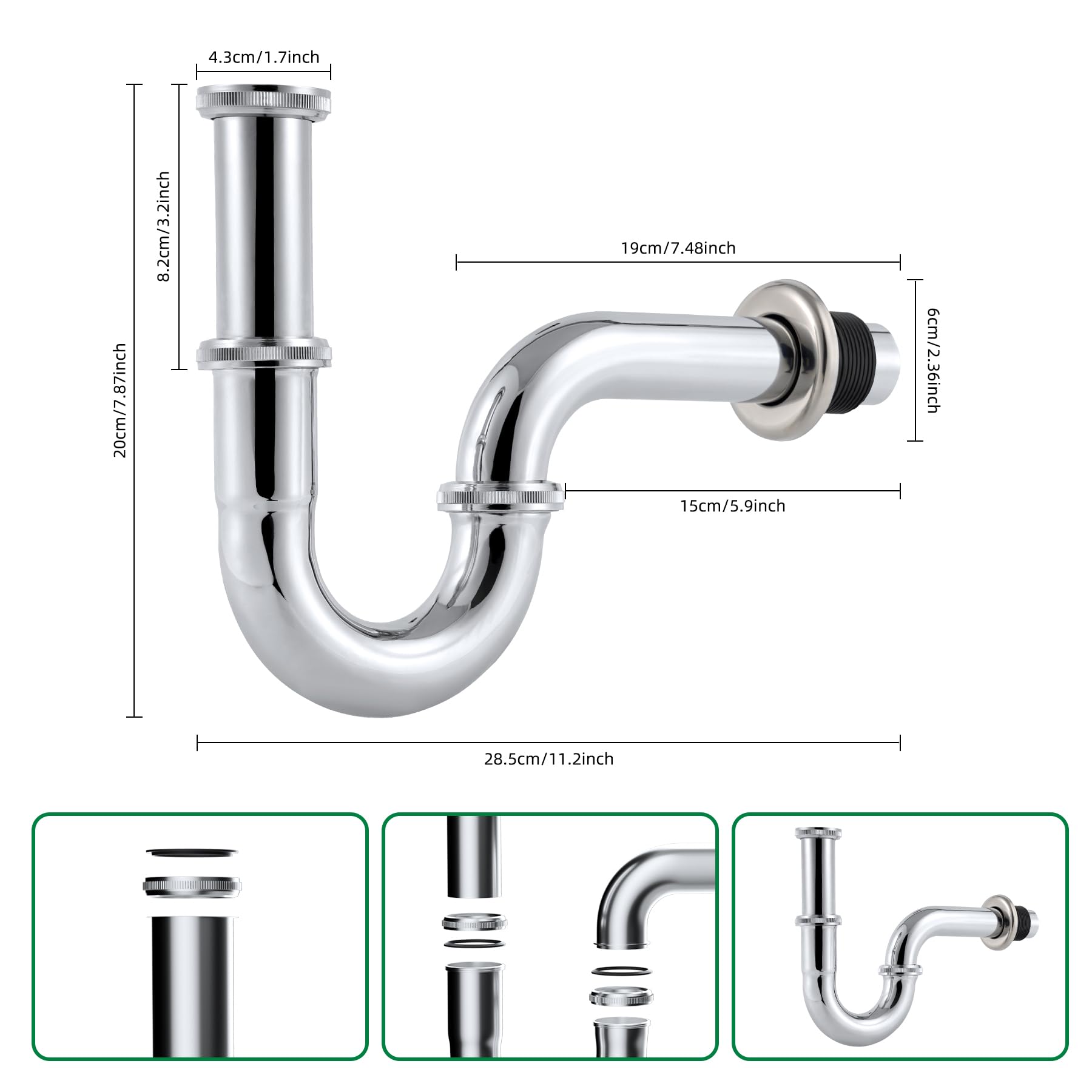 Hibbent Sifón de acero Inoxidable Para Lavabo, Tubo de Desagüe Ajustable Universal de 1-1/4", Sifón Tubular para Lavabo-Cromo
