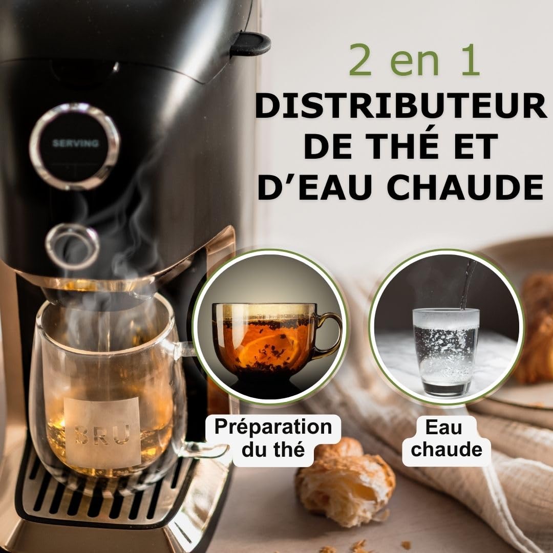 Machine à thé BRU pour thé en vrac & herbes & sachets de thé, SANS capsules, distributeur d'eau chaude & machine à thé, système de nettoyage automatique (Noir/Chrome)