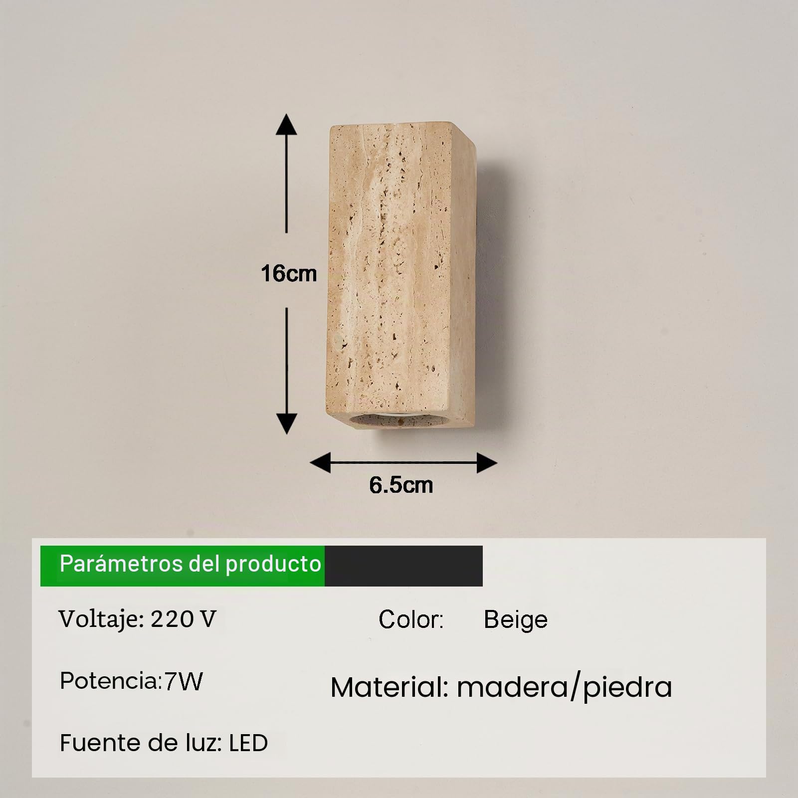 7W Lámpara de pared Piedra Travertino Beige Lamparas pared Wabi Sabi Apliques Piedra En Forma Columna Cuadrada Aplique interior de luz Cálida para dormitorio Comedor Cocina Entrada pasillo