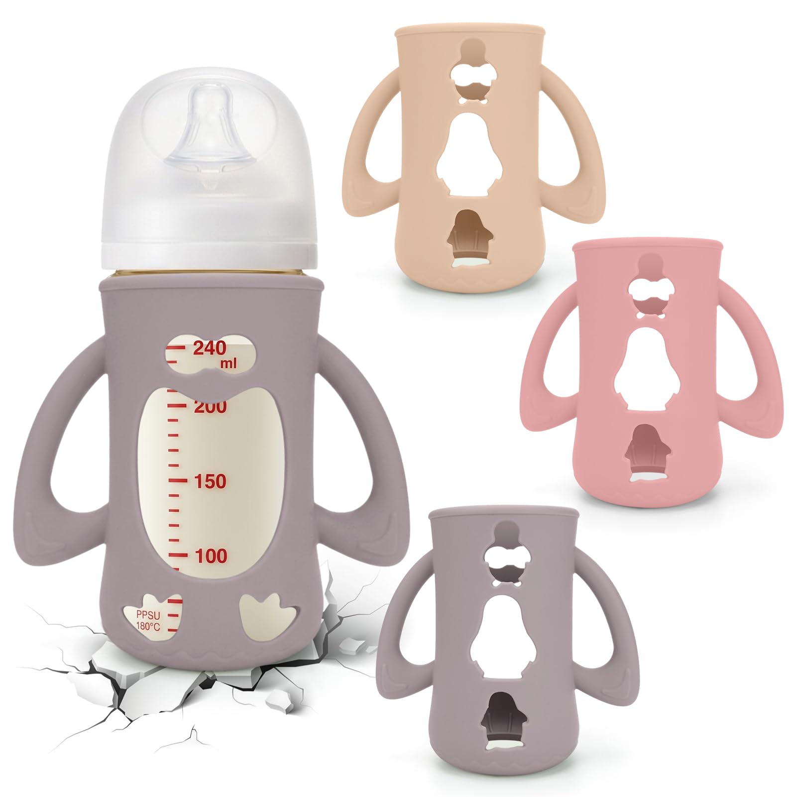 Photo 1 of *missing parts* BUSOHA 3 Pack Silicone Sleeves for Pigeon Bottle - Baby Bottles Sleeves Compatible with Pigeon Glass Bottles Anti Breakage Baby Bottle Holder with Handle, 8.1 OZ