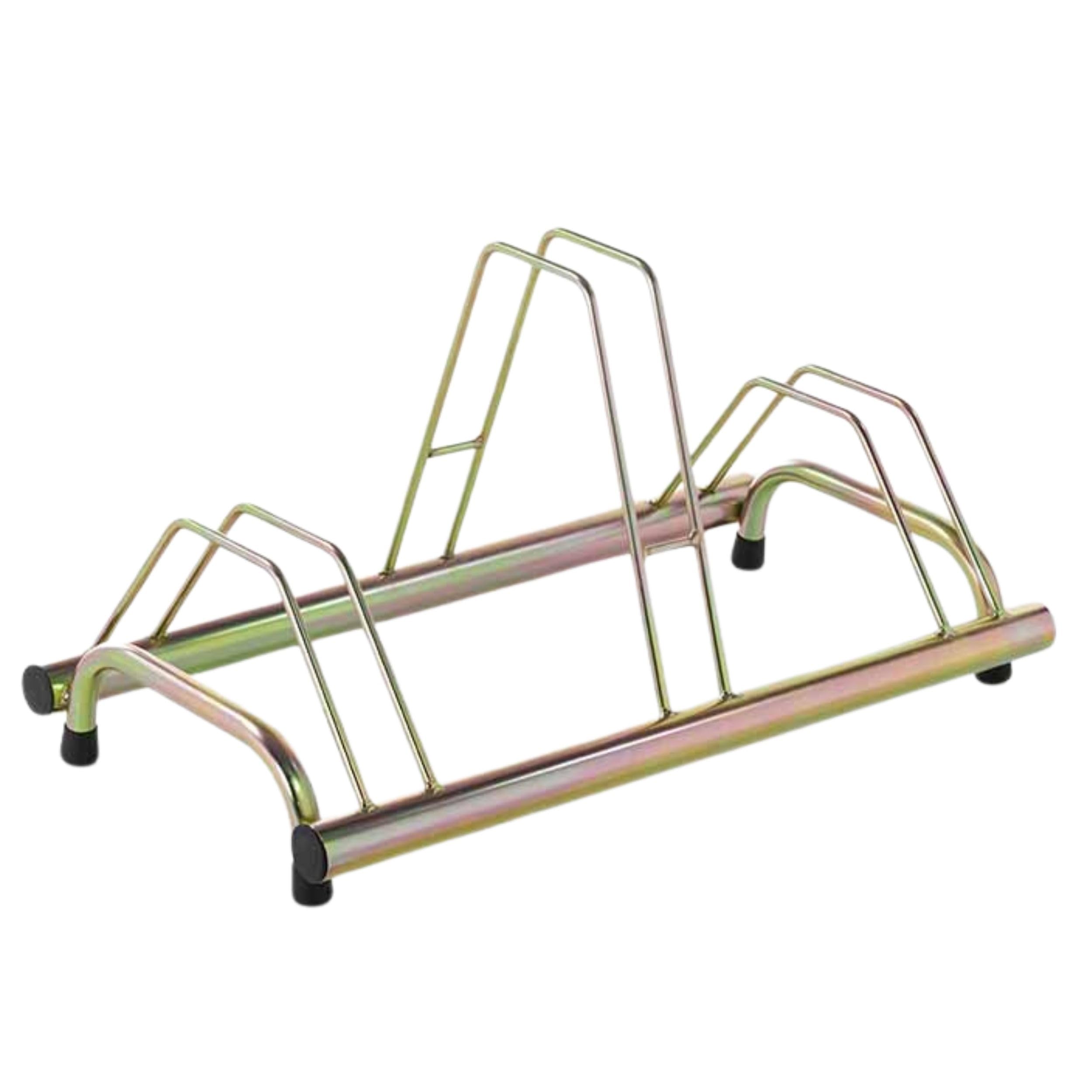 ANDRYS Rastrelliera Biciclette 3 Posti con Tappi in PVC - Porta Bici da Terra per Interni ed Esterni - Posteggio Alto e Basso - Acciaio Zincato a Freddo (Tropical Oro)
