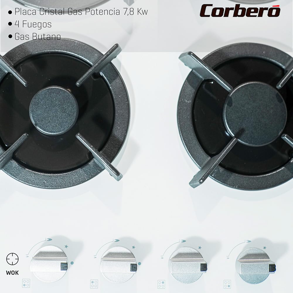 Corberó - Plaque en verre à gaz CPCGY2314W | Puissance 7,8 kW | 4 feux | Zone Wok | Grille en fonte | Valve de sécurité et arrêt automatique, blanc, fonte