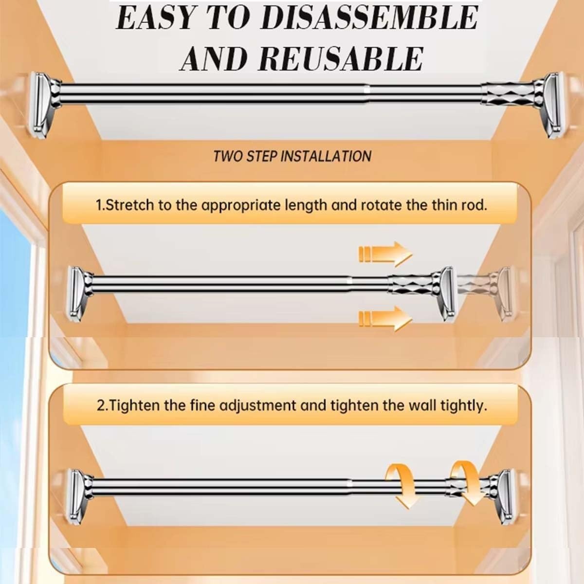 Adjustable Tension Curtain Rod 15-196 Inch, Heavy Duty Spring Shower Rod for Closet Shower Stall and Patio, Easy Install Shower Curtain Rod(Black,122"-157")