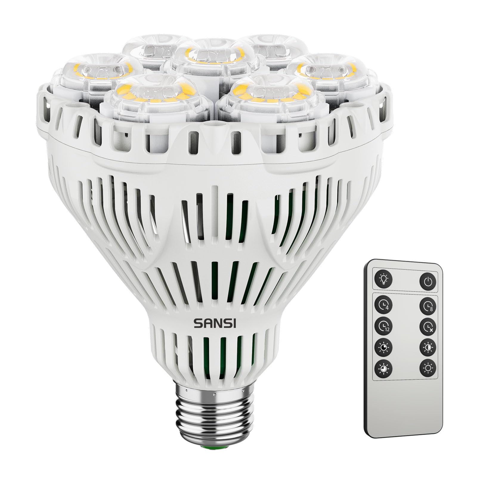 SANSI Lampara de Plantas Regulable, Bombilla de Crecimiento LED 40W E27, Luz Plantas Espectro Completo 4000K con Control Remoto, Minutero 4/8/12H, Brillo de 4 Niveles paras Cultivo Interior