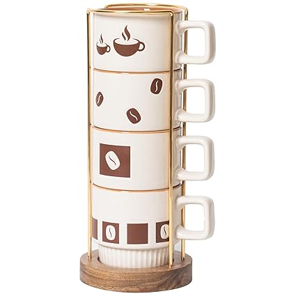 QiYueZaiYe Elegant Stackable Ceramic Coffee Mug Set with Stand & Spoons - Modern Geometric Aesthetics, 11Oz, Set of 4, Perfect for Espresso, Latte, Cappuccino, Cafe Mocha,Tea (Geometric)