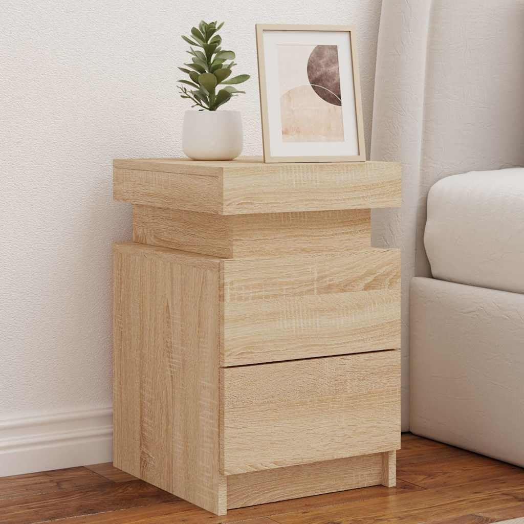SXZenSpace Bedside Cabinet with LED Lights Sonoma Oak 35x39x55 cm Narrow Modern Small Table for Bedroom, Slim Nightstand Engineered Wood