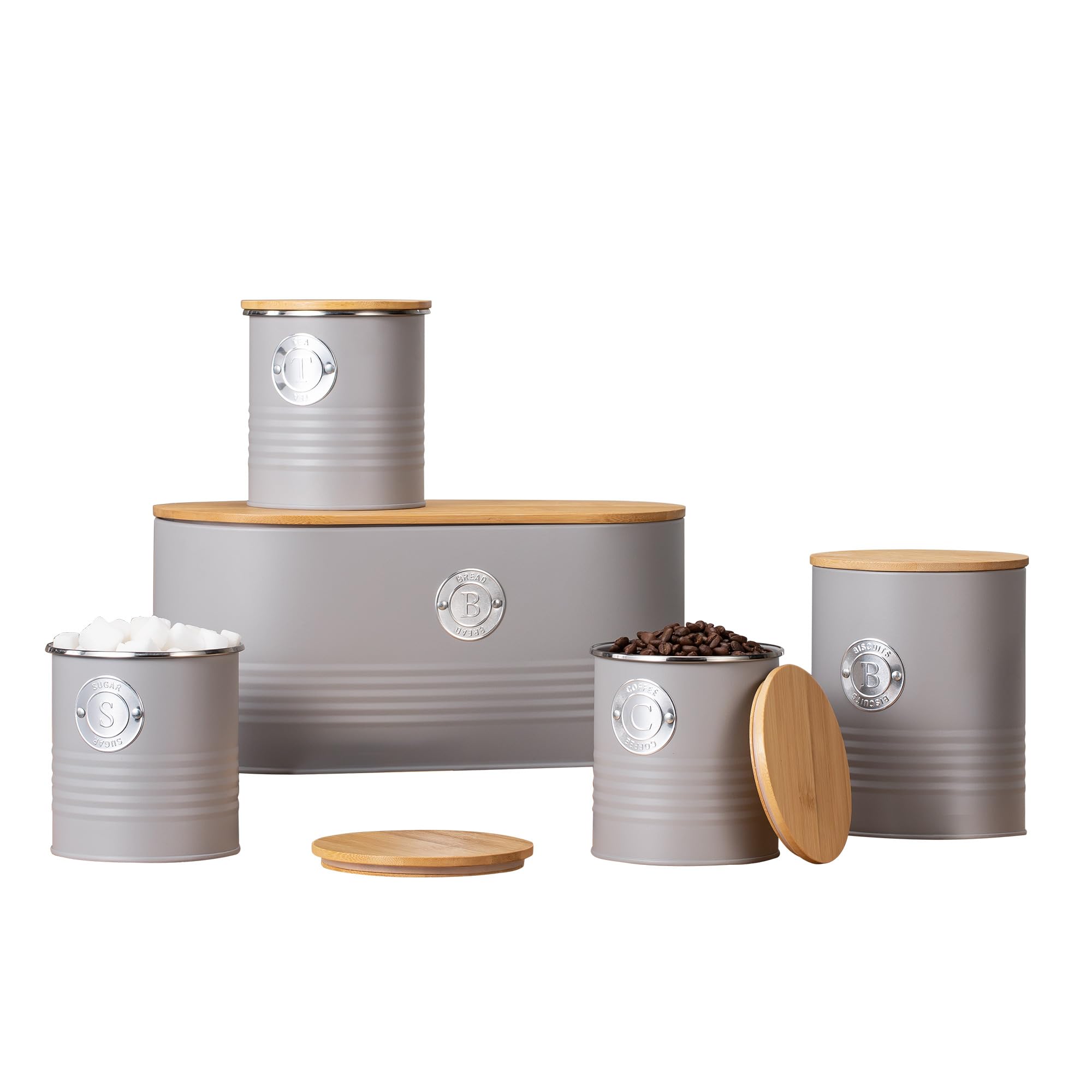 EHC Set of 5 Tea, Sugar, Coffee, Biscuit & Bread Bin Canisters Set With Airtight Lid, Kitchen Storage Jars with Lids, Containers Canisters Jars Set of 5, Grey
